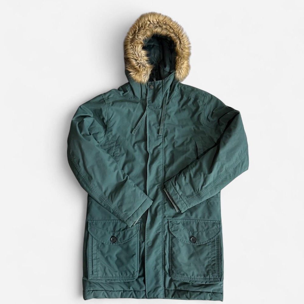 Timberland waterproof green parka with faux fur hood, size S